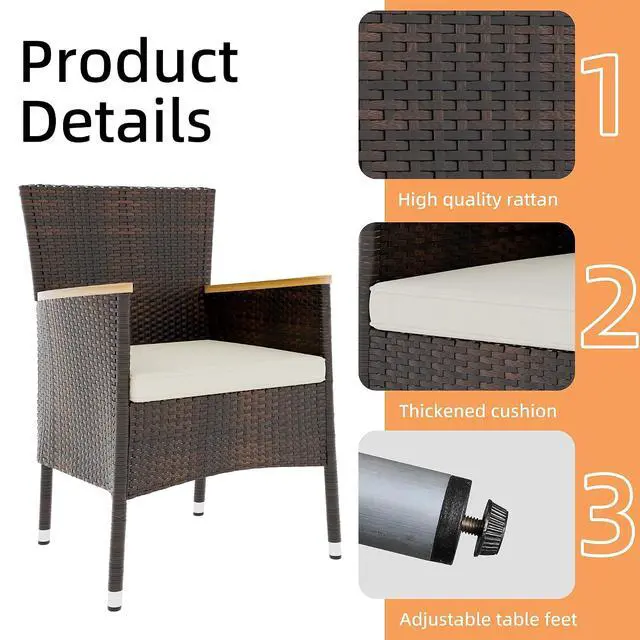 Alt view image 4 of 6 - 5 Piece Small Patio Dining Set, Space-Saving Outdoor Wicker Furniture Conversation Set with Wood Table and Cushioned Rattan Chairs for Lawn, Garden, and Backyard (Brown)