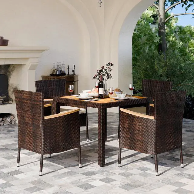 Alt view image 2 of 6 - 5 Piece Small Patio Dining Set, Space-Saving Outdoor Wicker Furniture Conversation Set with Wood Table and Cushioned Rattan Chairs for Lawn, Garden, and Backyard (Brown)
