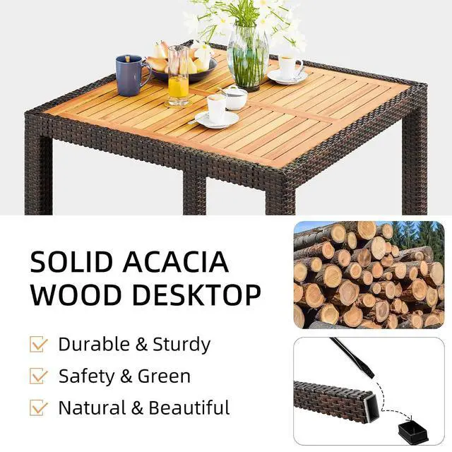 Alt view image 6 of 6 - 5 Piece Small Patio Dining Set, Space-Saving Outdoor Wicker Furniture Conversation Set with Wood Table and Cushioned Rattan Chairs for Lawn, Garden, and Backyard (Brown)