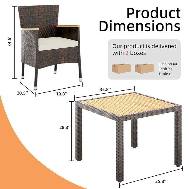 Alt view image 3 of 6 - 5 Piece Small Patio Dining Set, Space-Saving Outdoor Wicker Furniture Conversation Set with Wood Table and Cushioned Rattan Chairs for Lawn, Garden, and Backyard (Brown)