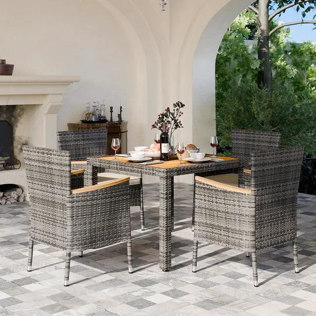 Alt view image 2 of 6 - 5 Piece Small Patio Dining Set, Space-Saving Outdoor Wicker Furniture Conversation Set with Wood Table and Cushioned Rattan Chairs for Lawn, Garden, and Backyard (Gray)