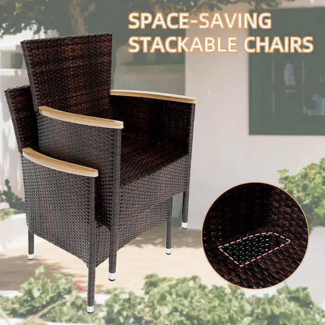 Alt view image 5 of 6 - 5 Piece Small Patio Dining Set, Space-Saving Outdoor Wicker Furniture Conversation Set with Wood Table and Cushioned Rattan Chairs for Lawn, Garden, and Backyard (Brown)