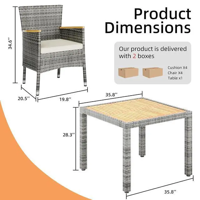 Alt view image 3 of 6 - 5 Piece Small Patio Dining Set, Space-Saving Outdoor Wicker Furniture Conversation Set with Wood Table and Cushioned Rattan Chairs for Lawn, Garden, and Backyard (Gray)