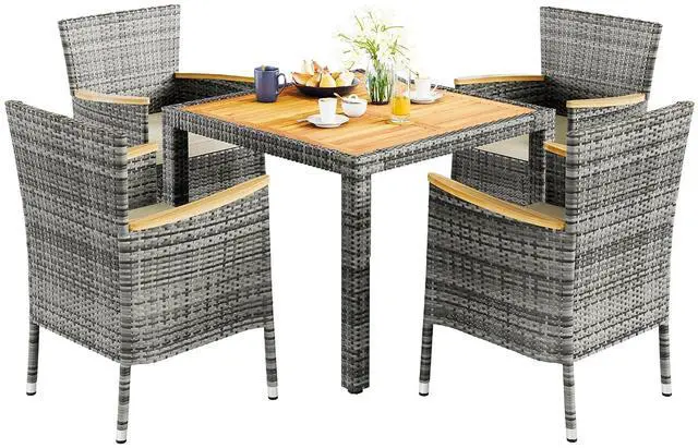 Main image of 5 Piece Small Patio Dining Set, Space-Saving Outdoor Wicker Furniture Conversation Set with Wood Table and Cushioned Rattan Chairs for Lawn, Garden, and Backyard (Gray)