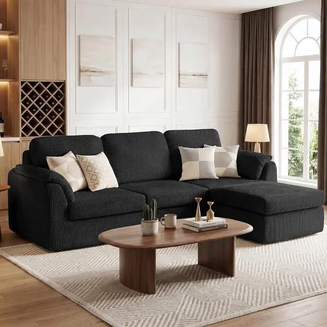 Main image of Boneless Convertible Sectional Sofa Couch, 3 Seat L Shaped Sofa with Removable Pillows Plush Corduroy Fabric Small Couches for Living Room, Apartment and Office, Black