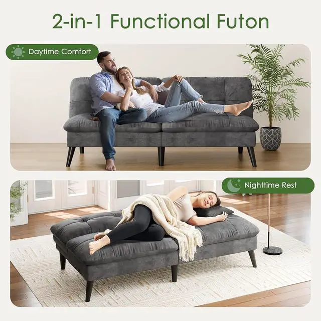 Alt view image 6 of 7 - Futon Sofa Bed Velvet Futon Couch with Adjustable Backrest, Small Convertible Folding Sleeper Sofa Bed, Modern Loveseat for Living Room, Bedroom and Small Space, (Gray)