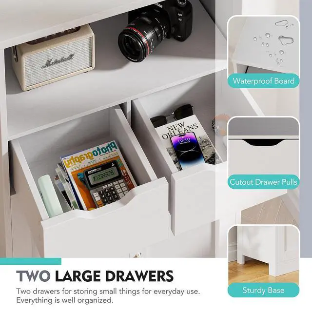 Alt view image 5 of 7 - Bathroom Storage Cabinet, Wooden Floor Storage Organizer with 2 Drawers and Adjustable Shelves, Freestanding Cabinet for Bathroom, Living Room, Kitchen, Entryway, Farmhouse, White