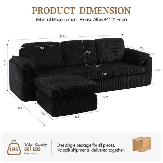 Alt view image 2 of 7 - Boneless Convertible Sectional Sofa Couch, 3 Seat L Shaped Sofa with Removable Pillows Plush Corduroy Fabric Small Couches for Living Room, Apartment and Office, Black