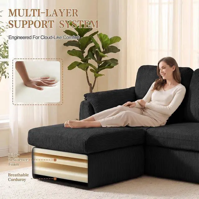 Alt view image 4 of 7 - Boneless Convertible Sectional Sofa Couch, 3 Seat L Shaped Sofa with Removable Pillows Plush Corduroy Fabric Small Couches for Living Room, Apartment and Office, Black