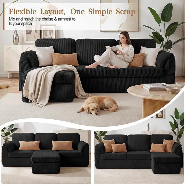 Alt view image 5 of 7 - Boneless Convertible Sectional Sofa Couch, 3 Seat L Shaped Sofa with Removable Pillows Plush Corduroy Fabric Small Couches for Living Room, Apartment and Office, Black