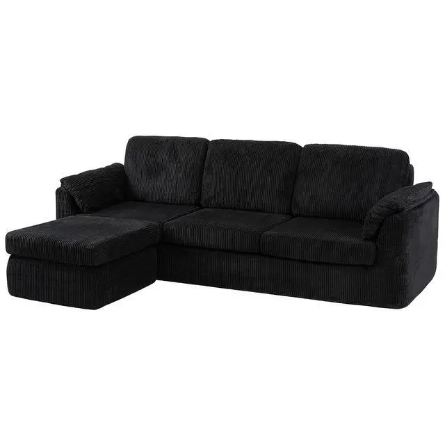 Alt view image 7 of 7 - Boneless Convertible Sectional Sofa Couch, 3 Seat L Shaped Sofa with Removable Pillows Plush Corduroy Fabric Small Couches for Living Room, Apartment and Office, Black