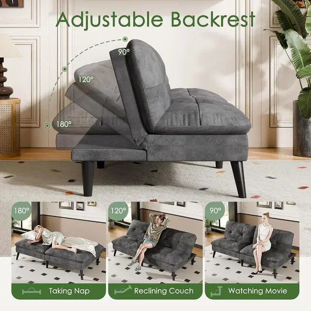 Alt view image 5 of 7 - Futon Sofa Bed Velvet Futon Couch with Adjustable Backrest, Small Convertible Folding Sleeper Sofa Bed, Modern Loveseat for Living Room, Bedroom and Small Space, (Gray)