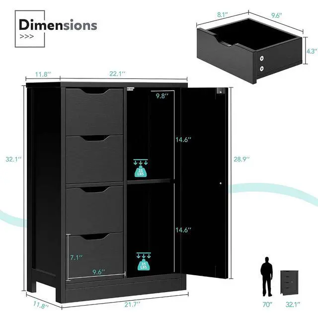 Alt view image 3 of 7 - Bathroom Floor Cabinet, Wooden Storage Organizer with 1 Door and 4 Drawers, Freestanding Side Bathroom Furniture,Entryway Storage Cabinet, Black
