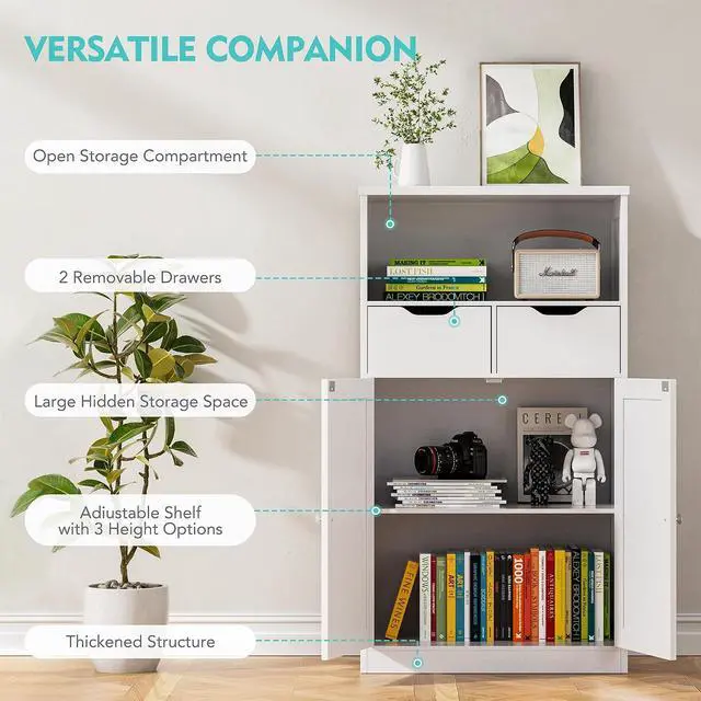 Alt view image 6 of 7 - Bathroom Storage Cabinet, Wooden Floor Storage Organizer with 2 Drawers and Adjustable Shelves, Freestanding Cabinet for Bathroom, Living Room, Kitchen, Entryway, Farmhouse, White