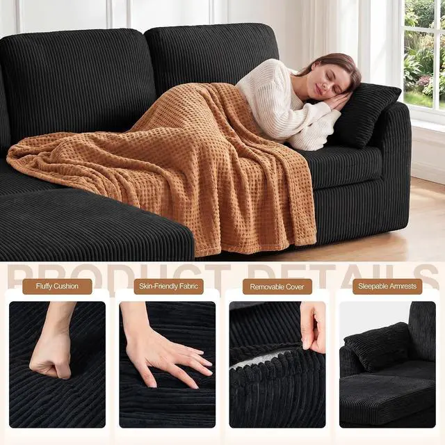 Alt view image 3 of 7 - Boneless Convertible Sectional Sofa Couch, 3 Seat L Shaped Sofa with Removable Pillows Plush Corduroy Fabric Small Couches for Living Room, Apartment and Office, Black