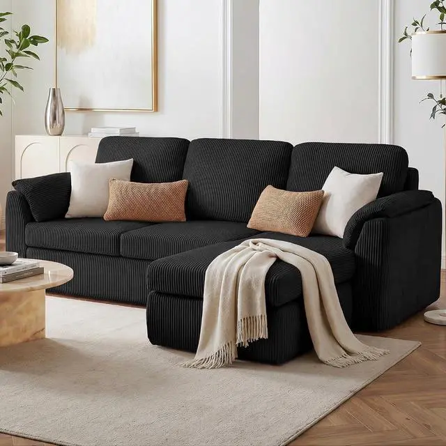 Alt view image 6 of 7 - Boneless Convertible Sectional Sofa Couch, 3 Seat L Shaped Sofa with Removable Pillows Plush Corduroy Fabric Small Couches for Living Room, Apartment and Office, Black