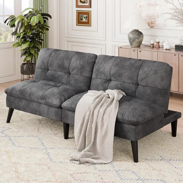 Alt view image 7 of 7 - Futon Sofa Bed Velvet Futon Couch with Adjustable Backrest, Small Convertible Folding Sleeper Sofa Bed, Modern Loveseat for Living Room, Bedroom and Small Space, (Gray)