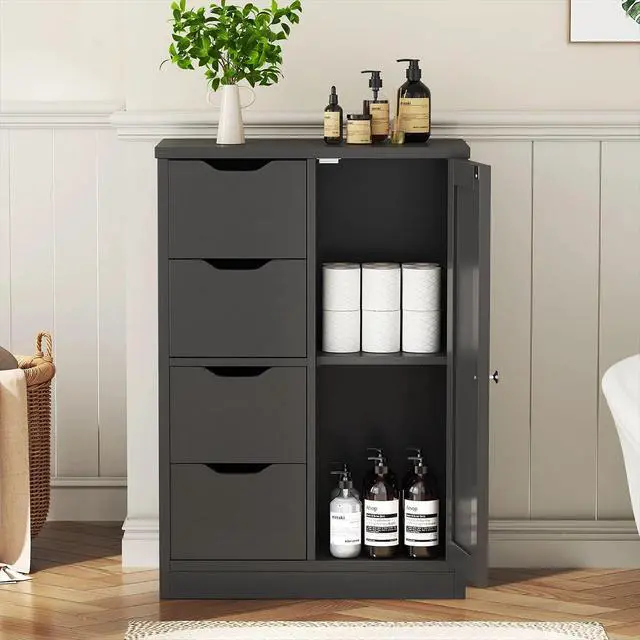 Alt view image 2 of 7 - Bathroom Floor Cabinet, Wooden Storage Organizer with 1 Door and 4 Drawers, Freestanding Side Bathroom Furniture,Entryway Storage Cabinet, Black
