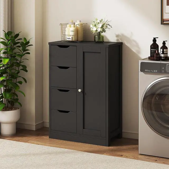 Alt view image 4 of 7 - Bathroom Floor Cabinet, Wooden Storage Organizer with 1 Door and 4 Drawers, Freestanding Side Bathroom Furniture,Entryway Storage Cabinet, Black