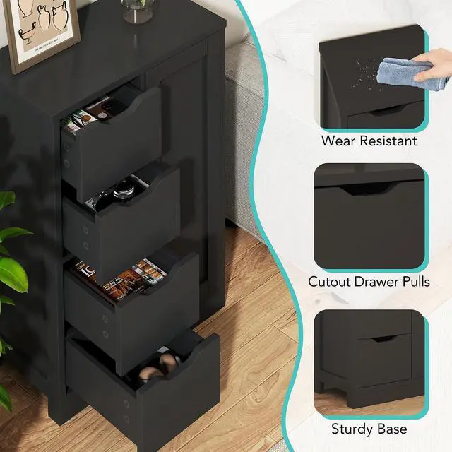 Alt view image 6 of 7 - Bathroom Floor Cabinet, Wooden Storage Organizer with 1 Door and 4 Drawers, Freestanding Side Bathroom Furniture,Entryway Storage Cabinet, Black