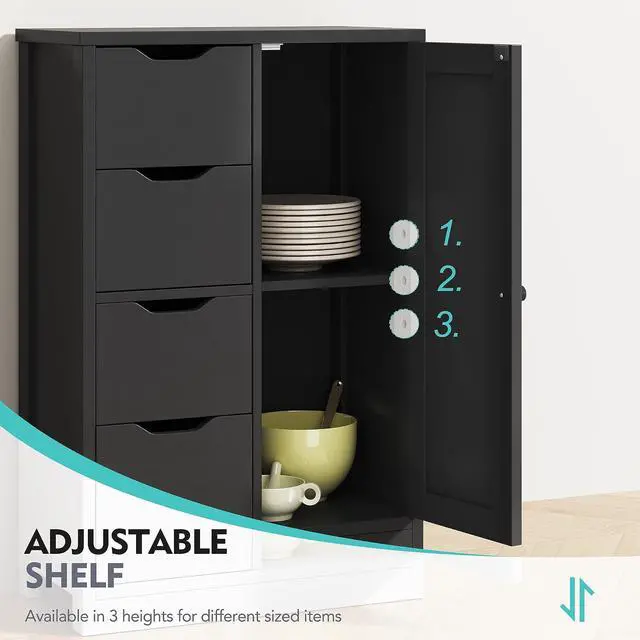 Alt view image 5 of 7 - Bathroom Floor Cabinet, Wooden Storage Organizer with 1 Door and 4 Drawers, Freestanding Side Bathroom Furniture,Entryway Storage Cabinet, Black