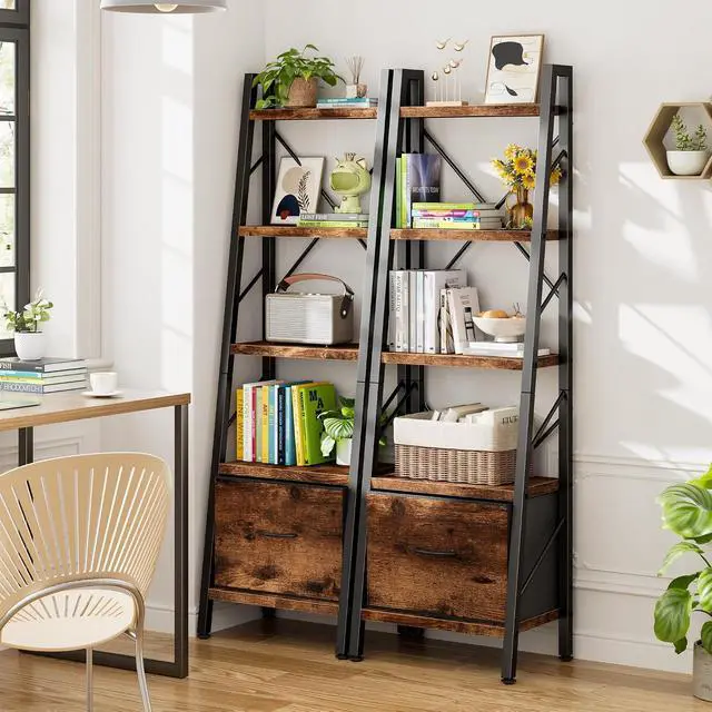 Alt view image 3 of 7 - Ladder Bookshelf with Drawer, 5 Tier Industrial Bookcase Display Shelf, Tall Narrow Bookcase Corner Freestanding Rack Storage Organizer for Home Office, Living Room