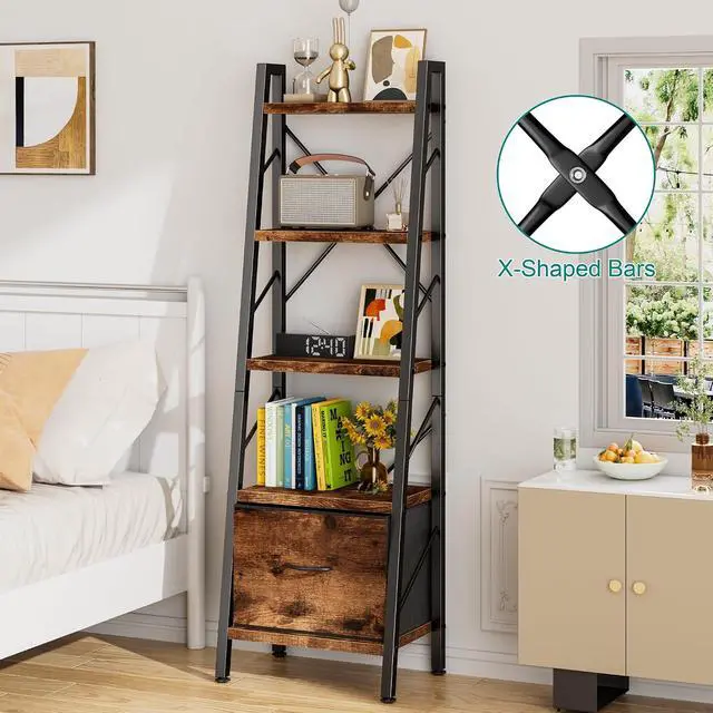 Alt view image 5 of 7 - Ladder Bookshelf with Drawer, 5 Tier Industrial Bookcase Display Shelf, Tall Narrow Bookcase Corner Freestanding Rack Storage Organizer for Home Office, Living Room