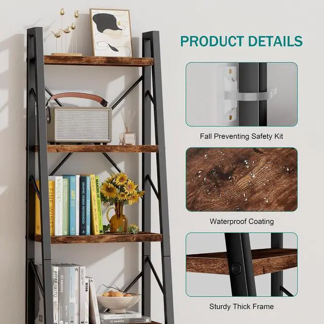 Alt view image 7 of 7 - Ladder Bookshelf with Drawer, 5 Tier Industrial Bookcase Display Shelf, Tall Narrow Bookcase Corner Freestanding Rack Storage Organizer for Home Office, Living Room