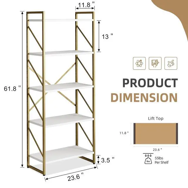 Alt view image 2 of 7 - 5 Tier Bookshelf, Modern Tall Bookcase, Industrial Book Shelves Display Standing Shelf, Free Standing Storage Organizer for Bedroom, Living Room, White+Gold