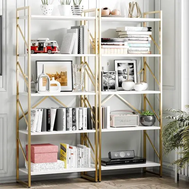 Alt view image 3 of 7 - 5 Tier Bookshelf, Modern Tall Bookcase, Industrial Book Shelves Display Standing Shelf, Free Standing Storage Organizer for Bedroom, Living Room, White+Gold
