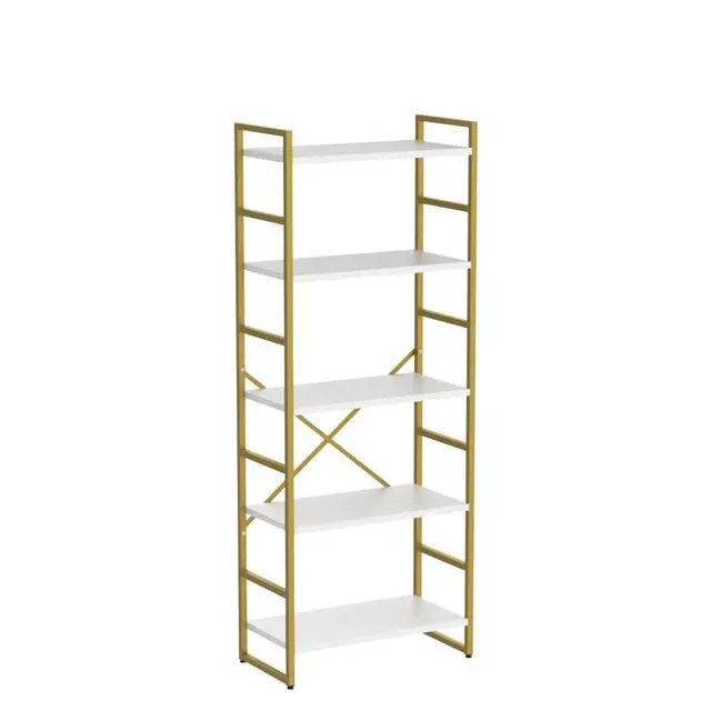 Alt view image 4 of 7 - 5 Tier Bookshelf, Modern Tall Bookcase, Industrial Book Shelves Display Standing Shelf, Free Standing Storage Organizer for Bedroom, Living Room, White+Gold