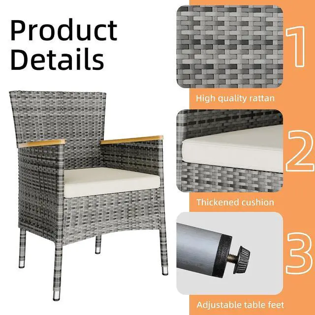 Alt view image 4 of 6 - 7 Piece Small Patio Dining Set, Space-Saving Outdoor Wicker Furniture Conversation Set with Wood Table and Cushioned Rattan Chairs for Lawn, Garden, and Backyard (Gray)