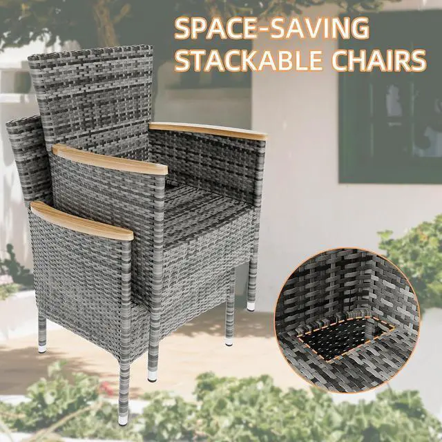 Alt view image 5 of 6 - 7 Piece Small Patio Dining Set, Space-Saving Outdoor Wicker Furniture Conversation Set with Wood Table and Cushioned Rattan Chairs for Lawn, Garden, and Backyard (Gray)