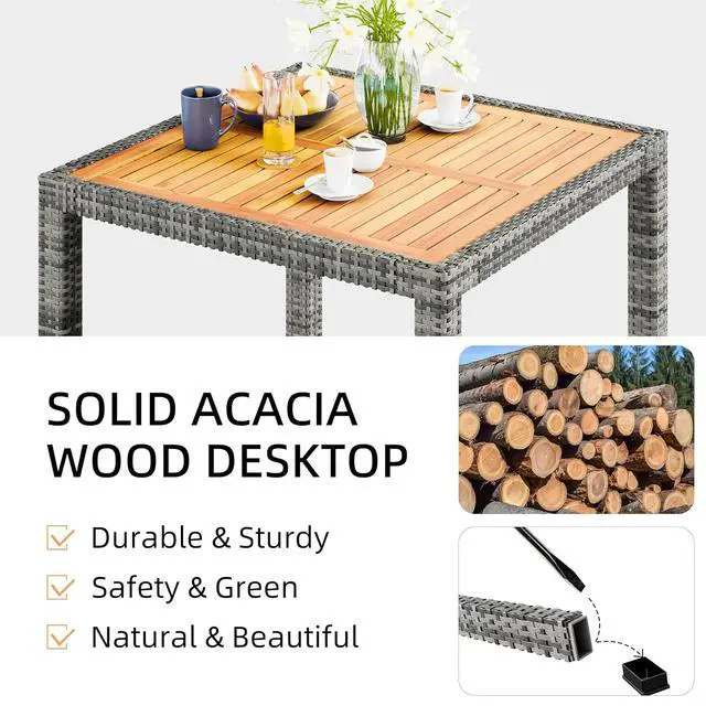 Alt view image 6 of 6 - 5 Piece Small Patio Dining Set, Space-Saving Outdoor Wicker Furniture Conversation Set with Wood Table and Cushioned Rattan Chairs for Lawn, Garden, and Backyard (Gray)