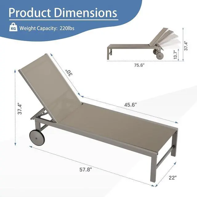 Alt view image 2 of 2 - 4pcs Patio Outdoor Chaise Lounge Chair with Wheels for Outside Aluminum Adjustable Angle Lounge Chair Set, Dark Grey