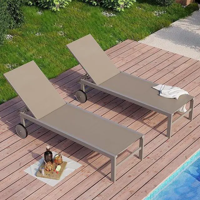 Main image of 2pcs Patio Outdoor Chaise Lounge Chair with Wheels for Outside Aluminum Adjustable Angle Lounge Chair Set, Khaki