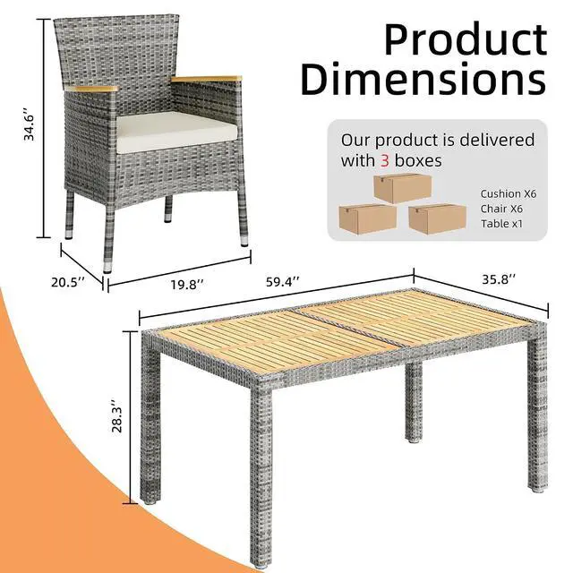 Alt view image 3 of 6 - 7 Piece Small Patio Dining Set, Space-Saving Outdoor Wicker Furniture Conversation Set with Wood Table and Cushioned Rattan Chairs for Lawn, Garden, and Backyard (Gray)