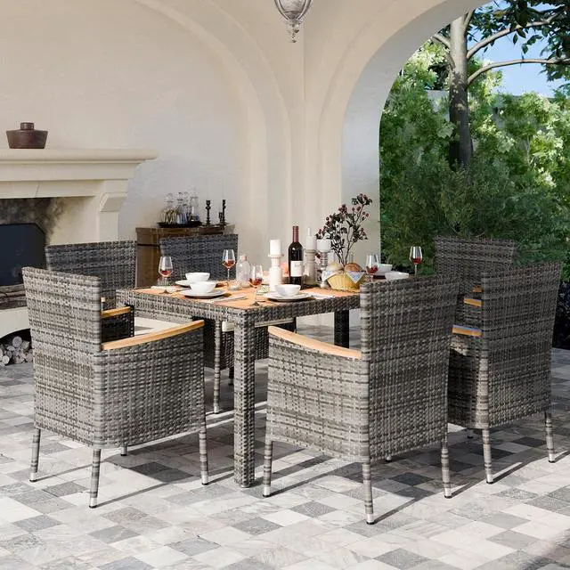 Alt view image 2 of 6 - 7 Piece Small Patio Dining Set, Space-Saving Outdoor Wicker Furniture Conversation Set with Wood Table and Cushioned Rattan Chairs for Lawn, Garden, and Backyard (Gray)