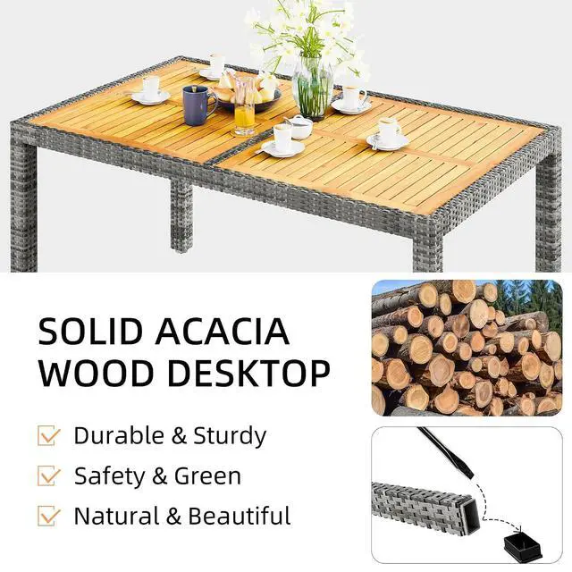 Alt view image 6 of 6 - 7 Piece Small Patio Dining Set, Space-Saving Outdoor Wicker Furniture Conversation Set with Wood Table and Cushioned Rattan Chairs for Lawn, Garden, and Backyard (Gray)