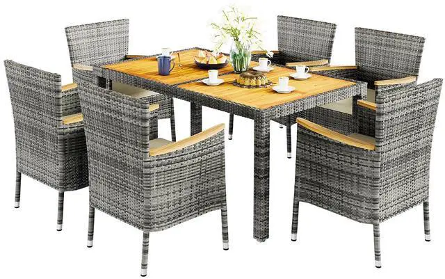 Main image of 7 Piece Small Patio Dining Set, Space-Saving Outdoor Wicker Furniture Conversation Set with Wood Table and Cushioned Rattan Chairs for Lawn, Garden, and Backyard (Gray)