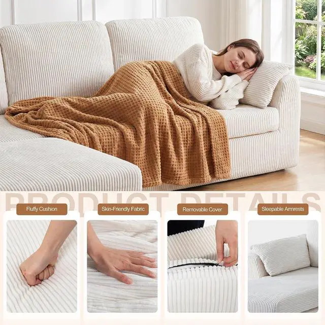 Alt view image 3 of 7 - Boneless Convertible Sectional Sofa Couch, 3 Seat L Shaped Sofa with Removable Pillows Plush Corduroy Fabric Small Couches for Living Room, Apartment and Office, White