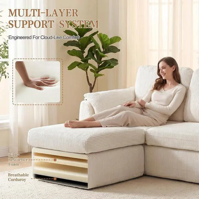 Alt view image 4 of 7 - Boneless Convertible Sectional Sofa Couch, 3 Seat L Shaped Sofa with Removable Pillows Plush Corduroy Fabric Small Couches for Living Room, Apartment and Office, White