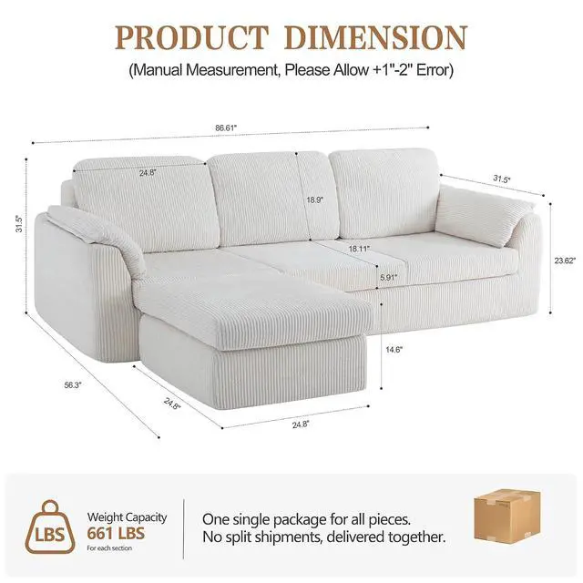 Alt view image 2 of 7 - Boneless Convertible Sectional Sofa Couch, 3 Seat L Shaped Sofa with Removable Pillows Plush Corduroy Fabric Small Couches for Living Room, Apartment and Office, White