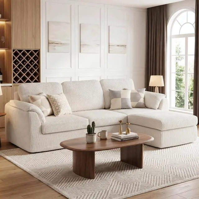 Main image of Boneless Convertible Sectional Sofa Couch, 3 Seat L Shaped Sofa with Removable Pillows Plush Corduroy Fabric Small Couches for Living Room, Apartment and Office, White