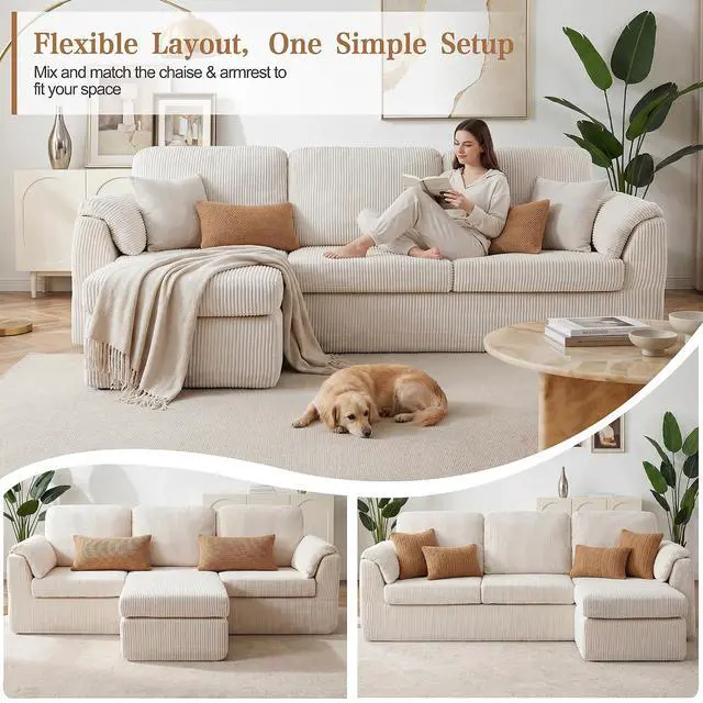 Alt view image 5 of 7 - Boneless Convertible Sectional Sofa Couch, 3 Seat L Shaped Sofa with Removable Pillows Plush Corduroy Fabric Small Couches for Living Room, Apartment and Office, White