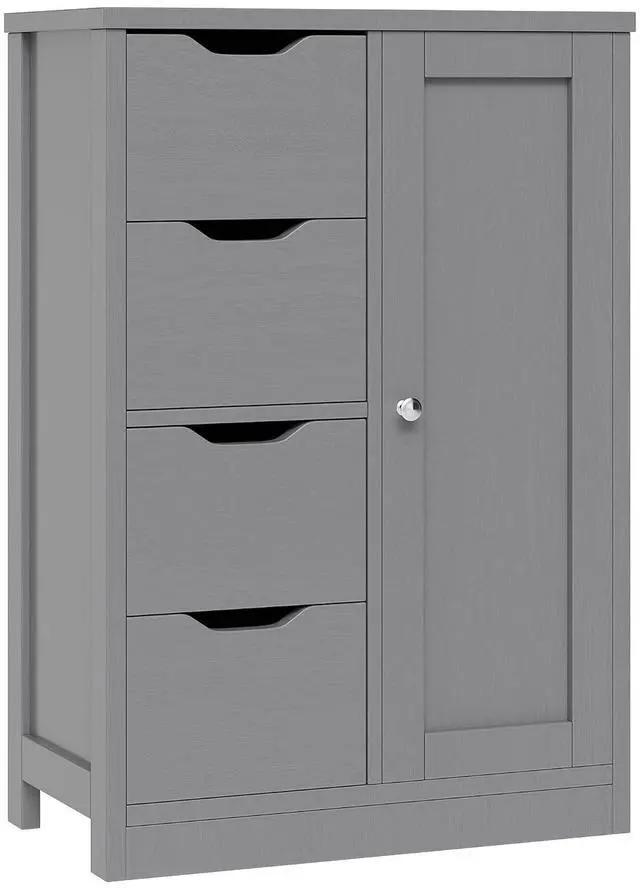 Main image of Bathroom Floor Storage Cabinet, Wooden Storage Organizer with 4 Drawers and 1 Door, Freestanding Pantry Cabinet with Adjustable Shelves for Bathroom, Living Room, Kitchen, Entryway, Grey