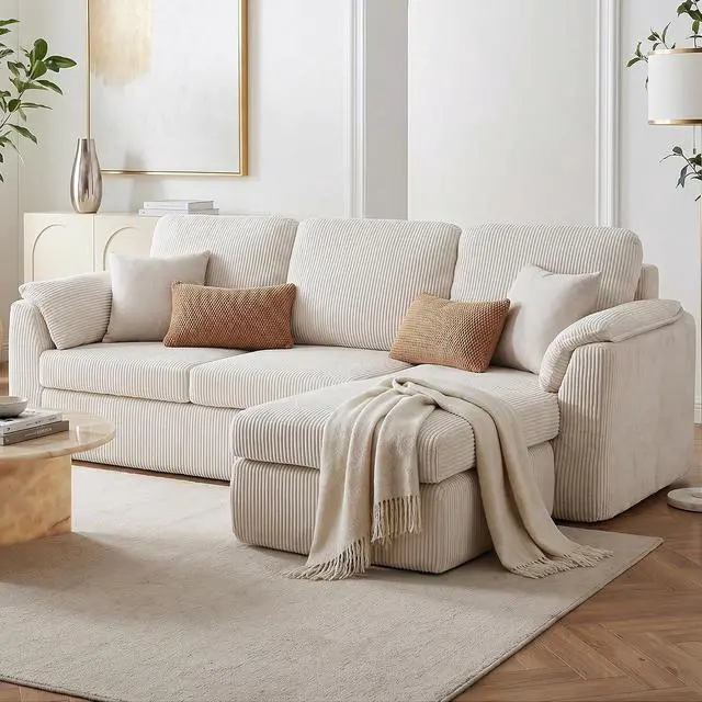 Alt view image 6 of 7 - Boneless Convertible Sectional Sofa Couch, 3 Seat L Shaped Sofa with Removable Pillows Plush Corduroy Fabric Small Couches for Living Room, Apartment and Office, White