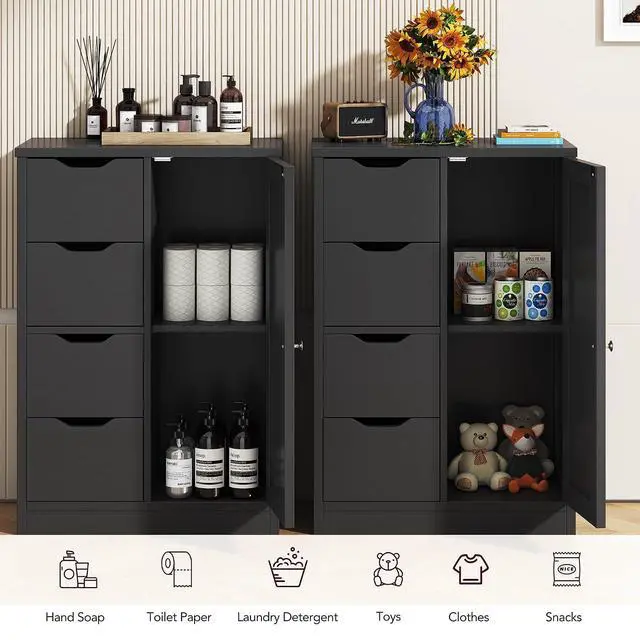 Alt view image 7 of 7 - Bathroom Floor Cabinet, Wooden Storage Organizer with 1 Door and 4 Drawers, Freestanding Side Bathroom Furniture,Entryway Storage Cabinet, Black