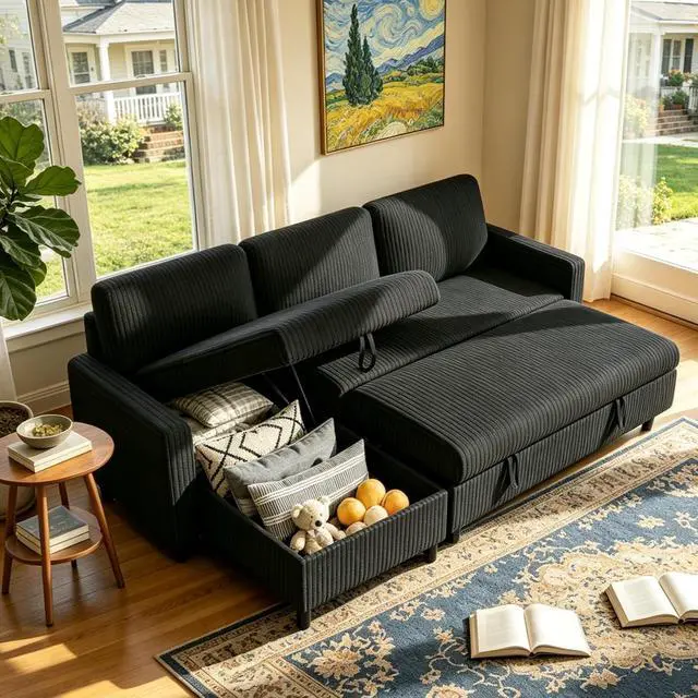 Main image of Sleeper Sofa with Storage for Small Space, Convertible Small Pull Out Couch with Storage Chaise, L Shaped Sectional Sofa Bed for Apartment, Guest Room, Black Corduroy