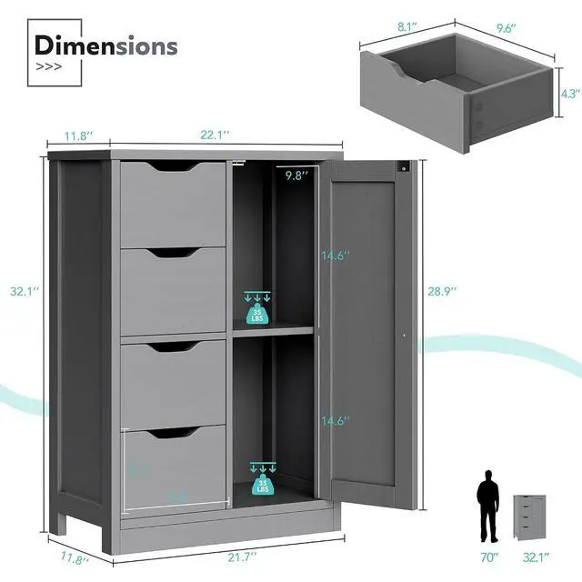 Alt view image 3 of 7 - Bathroom Floor Storage Cabinet, Wooden Storage Organizer with 4 Drawers and 1 Door, Freestanding Pantry Cabinet with Adjustable Shelves for Bathroom, Living Room, Kitchen, Entryway, Grey